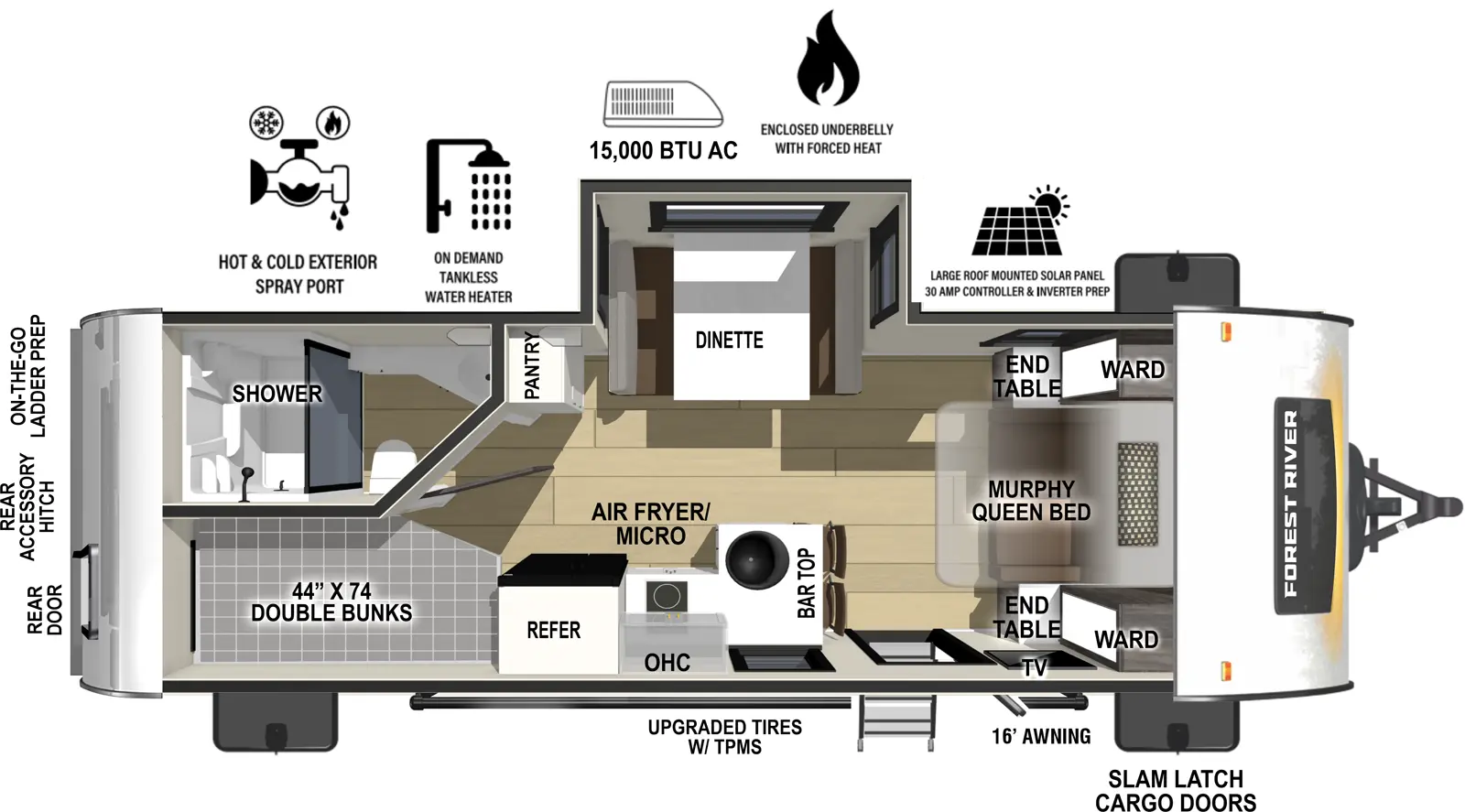 The RP-203 has one slideout and one entry. Exterior features 16 foot awning, upgraded tires with TPMS, hot and cold spray port, on-the-go ladder prep, rear accessory hitch, rear bunk storage door, on demand tankless water heater, 15,000 BTU air conditioner, enclosed underbelly with forced heat, and large roof mounted solar panel 30 amp controller & inverter prep. Interior layout front to back: murphy queen bed with wardrobe and end tables on each side, and door side TV; off-door side slideout with dinette, and a pantry; door side entry, kitchen counter with bar top and stools, sink, convection microwave, cooktop, overhead cabinet, and refrigerator; off-door side rear full bathroom with night light; door side rear double bunks.